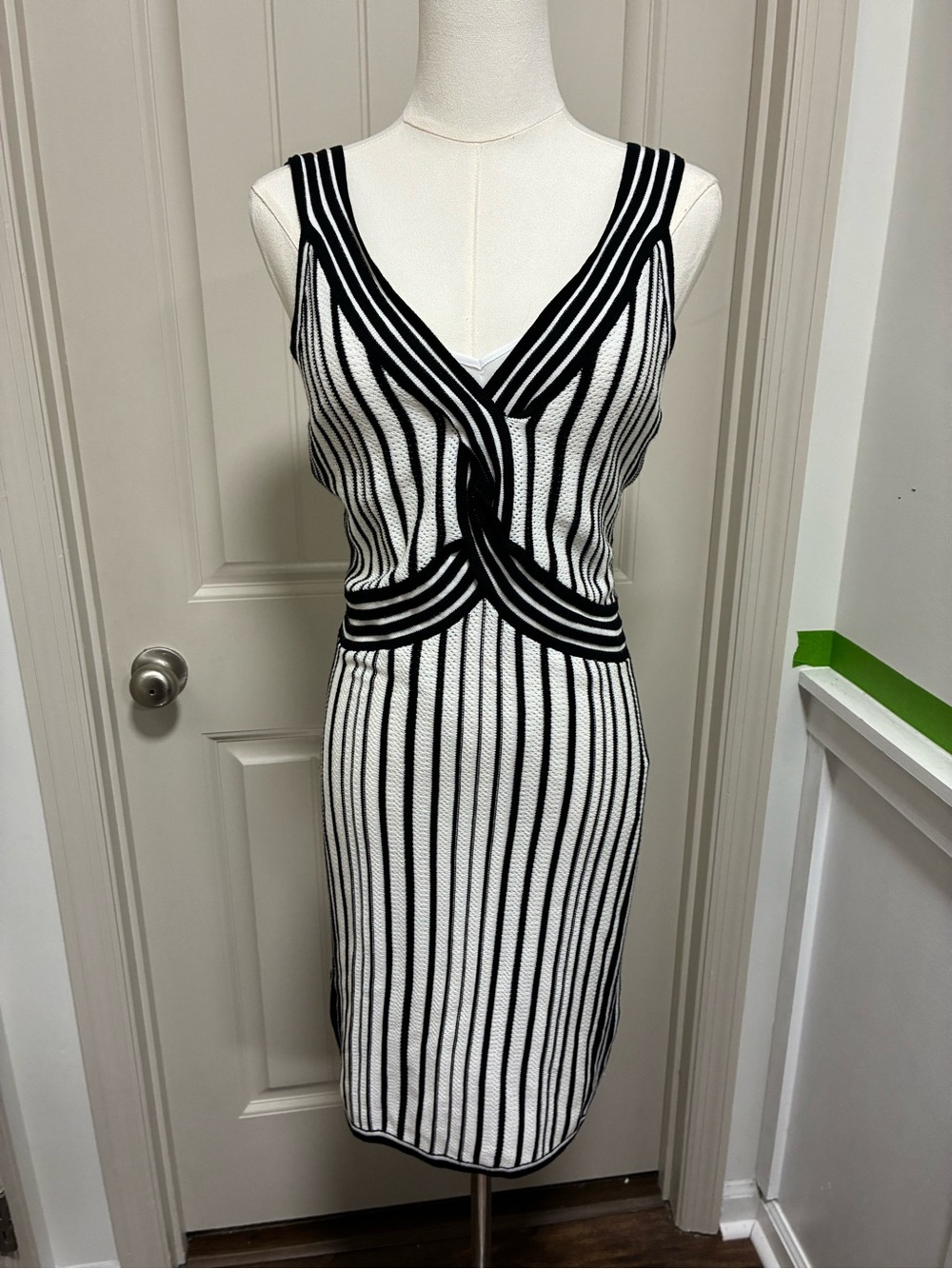 VENUS Black and White Striped Knit Midi Dress